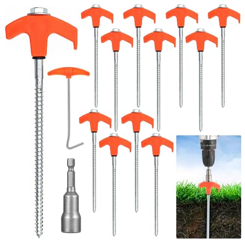 GROOFOO 12x Zeltheringe mit Schraubendreher,Drehbare Zeltheringe mit Gewinde,Felsboden-Erdnägel für Camping,mit Adapter für Akku-Schrauber,mit Nagelzieher,Robuste Stahl-Heringe für Camping und Outdoor von GROOFOO