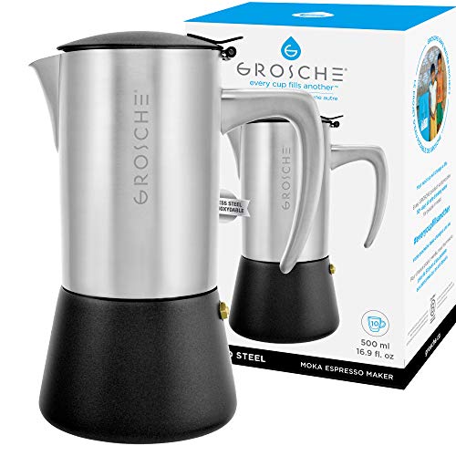 GROSCHE Milano Steel Espressokocher für 10 Espressotassen, gebürsteter Edelstahl, für Herd, Mokkakanne, italienischer Espresso-Greca-Kaffeemaschine für Induktions-, Gas- oder Elektroherde von GROSCHE