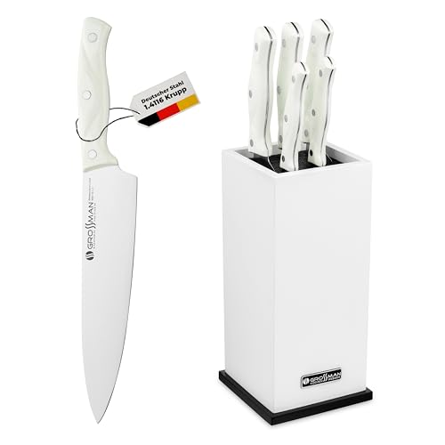 GROSSMAN® SL2687 Alaska Bürsten Messerblock | 5-teiliges Messerset mit Messerblock | Deutschem Edelstahl Klingen | Messerblock mit Messer | Küchenmesser Set | Messerset mit Block | Messer Set | Weiß von GROSSMAN