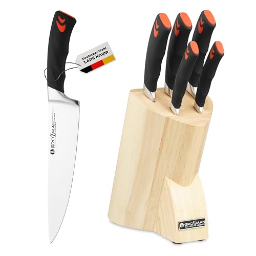 GROSSMAN® Waterloo Messerblock | 5-teiliges Messerset mit Messerblock | Deutschem Edelstahl Klingen | Messerblock mit Messer | Küchenmesser Set (Beige | Tiefschwarz-orange, 5-teilig) von GROSSMAN