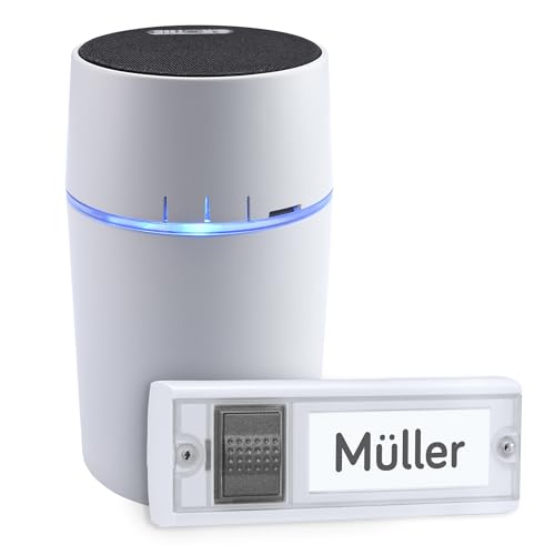 Grothe Mobile Funkklingel Türklingel Funkgong Set mit Haustürklingel Kabellose Türglocke 500m Reichweite 13 Melodien Batteriebetrieben Weiß CALIMA 600 (Mit microSD-Einschub für eigene Rufmelodien) von GROTHE