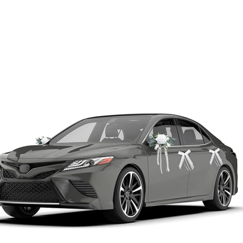 GROVBLE 2 Stück Autoschmuck Hochzeit Blumen, 4 Stück Autoschleifen Hochzeit,Blumenschmuck Auto Hochzeit, Autoschmuck Hochzeit Motorhaube, WeißE Schleifen Hochzeitsdeko, Wedding Hochzeitsschmuck von GROVBLE