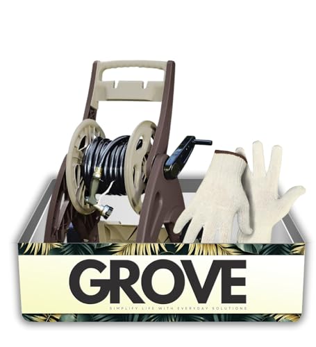 Suncast Hosemobile 53,3 m beige einziehbare Schlauchtrommel mit Rädern und Arbeitshandschuhen – tragbare Gartenschlauchtrommel, 53,3 m – Geschenkset (2 Stück) von GROVE