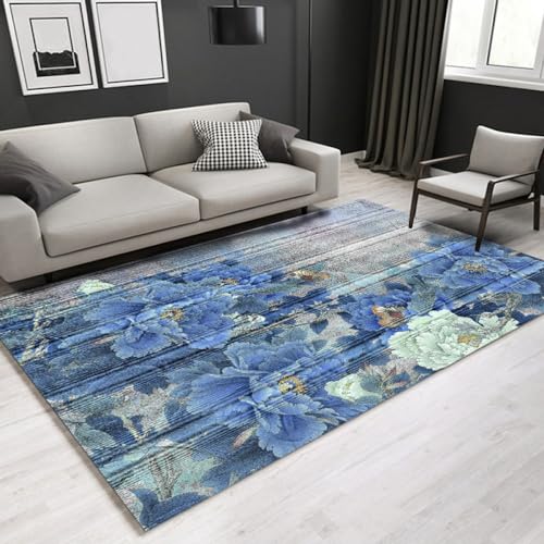 GROWBY Chinesischer rechteckiger Teppich mit Blumen- und Vogelmuster, Teppiche für Wohnzimmer, Heimdekoration, Blaue Tatami-Matten, Veemi 05, 140 x 200 cm von GROWBY