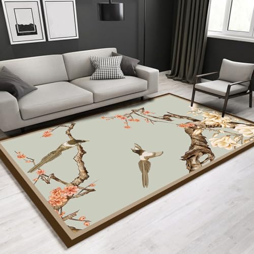 GROWBY Chinesischer rechteckiger Teppich mit Blumen- und Vogelmuster, Teppiche für Wohnzimmer, Heimdekoration, Blaue Tatami-Matten, Veemi 12,120 x 160 cm von GROWBY
