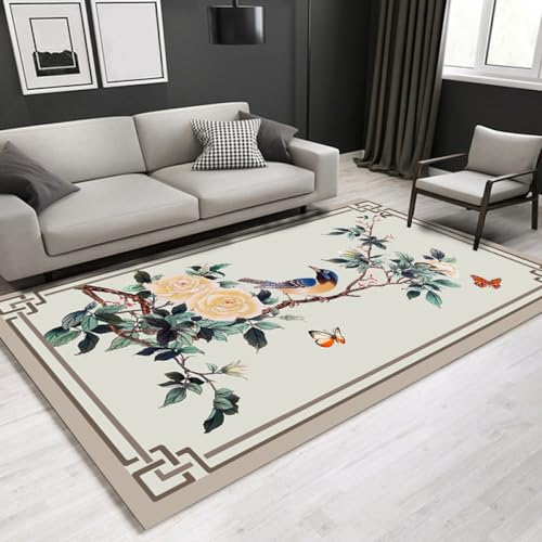 GROWBY Chinesischer rechteckiger Teppich mit Blumen- und Vogelmuster, Teppiche für Wohnzimmer, Heimdekoration, Blaue Tatami-Matten, Veemi 15.200 x 300 cm von GROWBY