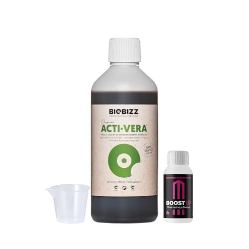 GROWMANIA Acti Vera von BioBizz 250 ml + Probe Boost Up von Up Nutrients + Messbecher | Organischer Aktivator für junge Pflanzen | Steigert das Wachstum in kleinen Räumen von GROWMANIA.ES