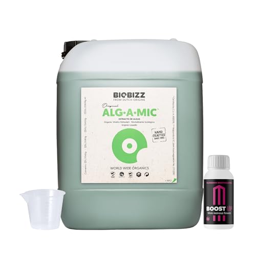 GROWMANIA Alg-A-Mic von BioBizz, 10 l, Boost-Up-Probe von Up Nutrients + Messbecher, Pflanzenstimulans für die Landwirtschaft in großem Maßstab, allgemeine Verbesserung in Anbaufeldern von GROWMANIA.ES