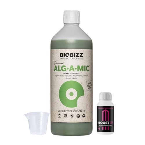 GROWMANIA Alg-A-Mic von BioBizz 1L + Probe Boost Up von Up Nutrients + Messbecher | Organischer Pflanzenrevitalisierer | Ausgezeichnet für mittelgroße Gärten und Obstgärten von GROWMANIA.ES