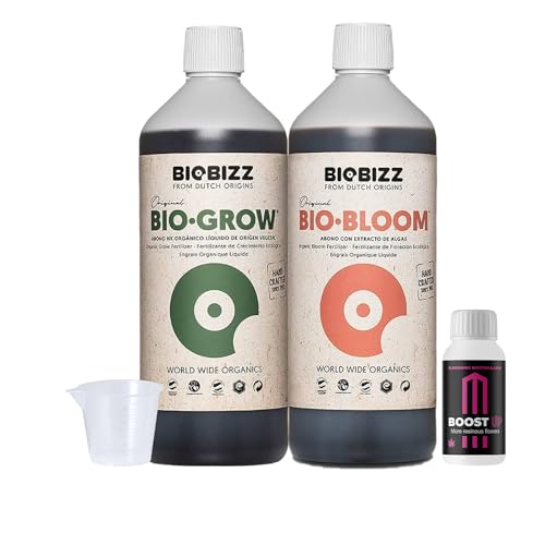 GROWMANIA Bio Bloom und Bio Grow Biobizz Dünger 1 l + Boost Up Nutrients Probe + Messbecher | Flüssigdünger für Pflanzen und Kulturen | Wachstumsstimulation von GROWMANIA.ES