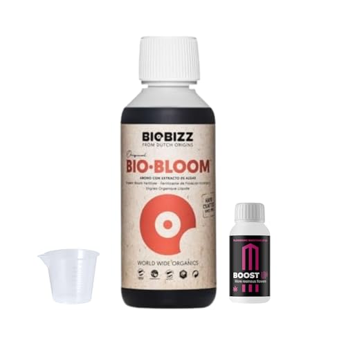 GROWMANIA Bio Bloom von BioBizz 250 ml + Probe Boost Up von Up Nutrients + Messbecher | Biobloom organischer Dünger für Blüte | Für kleine Töpfe und frühe Kulturen von GROWMANIA.ES