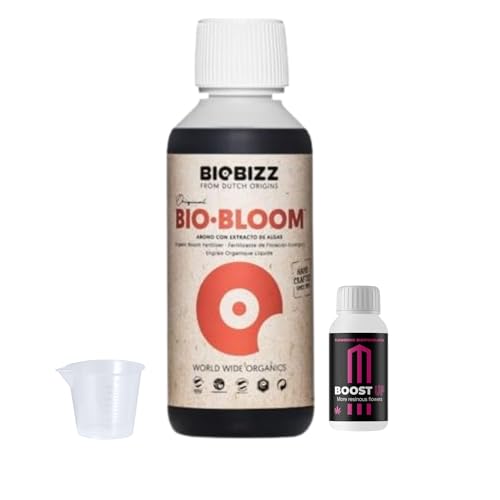 GROWMANIA Bio Bloom von BioBizz 250 ml + Probe Boost Up von Up Nutrients + Messbecher | Biobloom organischer Dünger für Blüte | Für kleine Töpfe und frühe Kulturen von GROWMANIA.ES