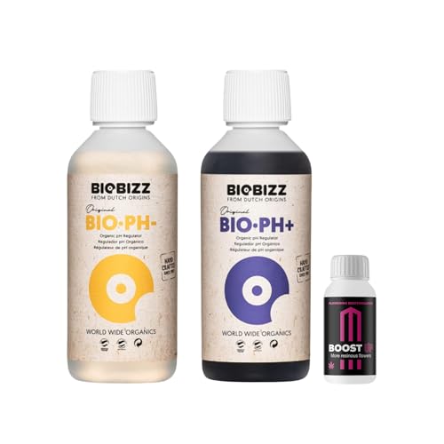 GROWMANIA Biobizz pH + Plus 250 ml + pH - Minus 250 ml Flüssig + Up Nutrients Boost Up | Superpack Ph up and Ph Down and Boost | Ph-senker Heber Dünger Pflanzen Grow Anbau Indoor Down Granulat Tomaten von GROWMANIA.ES