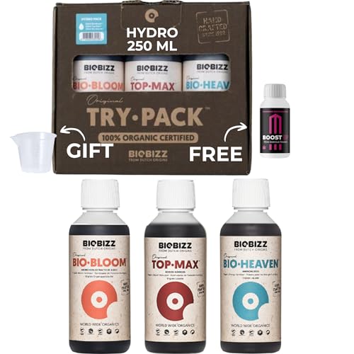 GROWMANIA Trypack Hydro Biobizz + Boost Up Nutrients Probe + Messbecher | Bio Bloom, Top Max und Bio Heaven Dünger für Pflanzen und Kulturen | Wachstumsstimulation von GROWMANIA.ES