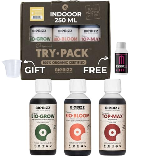 Growmania Trypack Indoor Biobizz + Boost Up Nutrients Probe + Messbecher | Bio Grow, Bio Bloom und Top Max Dünger für Pflanzen und Kulturen | Wachstumsstimulation von GROWMANIA.ES