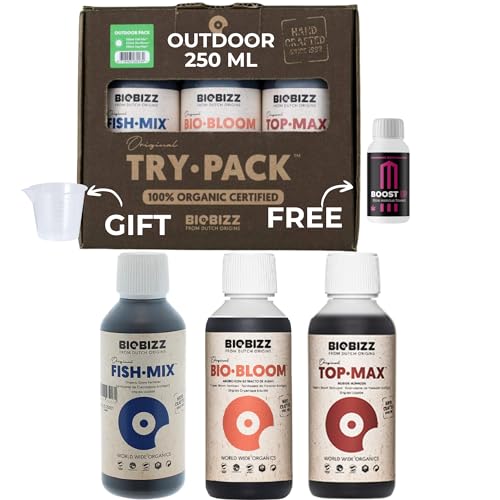 Growmania Trypack Outdoor Biobizz + Boost Up Nutrients Probe + Messbecher | Bio Bloom, Top Max und Fish Mix für Pflanzen und Kulturen | Wachstumsstimulation von GROWMANIA.ES