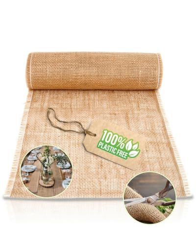 HAPPYNAPS® Jute Tischläufer, Juteband Tischband Natur, Hochzeit Deko Vintage, Tischdeko Braun Beige, Hochzeitsdeko Rustikal | Leinen Juteläufer mit doppelter Seitennaht | 30cm breit & 10m Rolle von HappyNaps