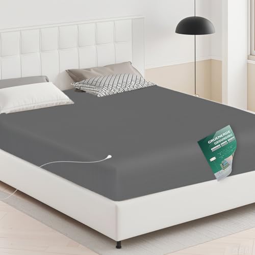 GRUENERDE Erdungs-Spannbettlaken Erdungsbettlaken mit EU Erdungskabel Erdungsmatte Erdungsbetttuch für Besseren Schlaf (Grau, 90-100x203cm) von GRUENERDE