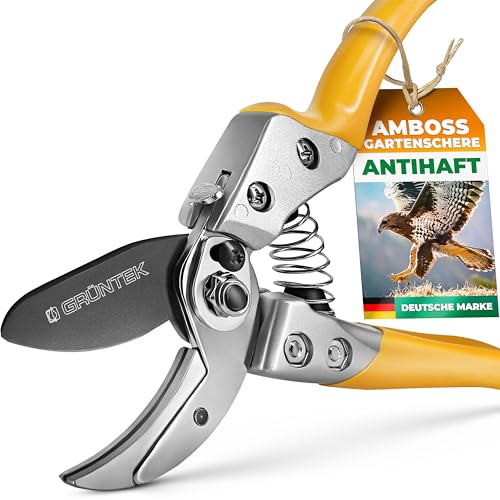 GRÜNTEK Amboss Gartenschere BUSSARD, 200 mm, Teflon-Beschichtete 50 mm SK5 Klinge, sehr leichtgängiger Schnitt, ergonomische Griff-Form, Stoßdämpfer, hoher Komfort, bequeme Ast-Blumen Ambosschere von GRÜNTEK