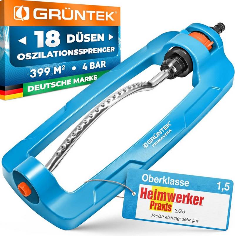 GRÜNTEK Viereckregner Vierecks Rasensprenger bis 399 m² Bewässerungsfläche mit Turbo-Motor, für Flächen bis 399 m², (Sprinkler, Inklusive Reinigungsstift zur schnellen und problemlosen Reinigung), Wassermenge und Spreng-Reichweite stufenlos regulierbar von GRÜNTEK