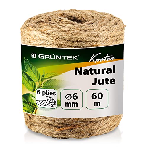 GRÜNTEK Garten Juteschnur 6mm Dicke, Bindegarn, Gartenschnur, Bastelschnur Kordel Rolle mit 60m, 100% Jutegarn Naturfarbe von GRÜNTEK