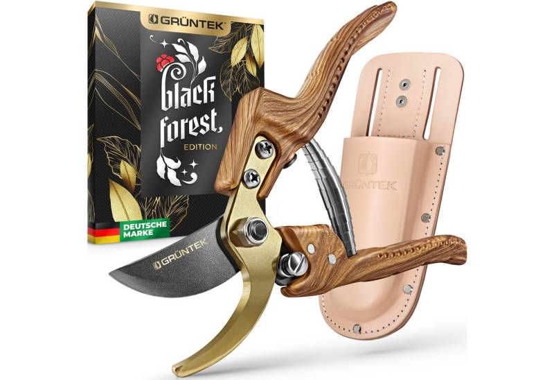 GRÜNTEK Gartenschere Premium Gartenscheren Set Bypass 210 mm mit Echtleder-Holster, (Gartenschere + Holster), Die 210 mm lange Pflanzenschere ist ideal für Hecken, Äste usw. von GRÜNTEK