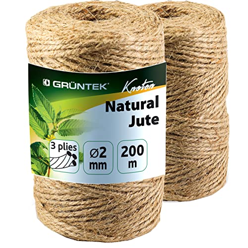 GRÜNTEK Juteschnur 2mm Dicke, Jutegarn Gartenschnur, 2 Kordel Rollen je 100m, 100% Bindegarn, Bastelschnur Naturfarbe, nachhaltige Paketschnur von GRÜNTEK