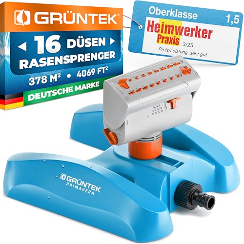 Robuster GRÜNTEK Oszillationssprinkler mit Turbo-Motor – Viereckregner mit 16-Düsen Bewässerungssystem, bruchfester ABS-Kunststoff, für gleichmäßige Beregnung großer Flächen von GRÜNTEK