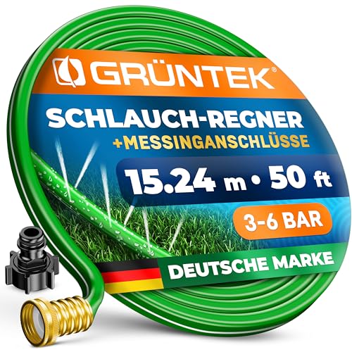 GRÜNTEK Schlauch-Regner, Sprühschlauch, Rasensprenger Gartenschlauch 50 Fuß / 15,24 m, 4-5 qm/m Beregnungsfläche, Bewässerungsschlauch, Sprühregner, Schnellanschluss, Messing Verbindungsstück von GRÜNTEK