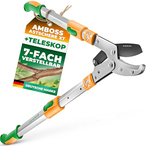 GRÜNTEK Teleskop-Astschere, SK5-Karbonstahl, 7-Fach-verstellbar (Länge 685-1015 mm), Präzisionsschliff – Gartenschere, Ambossschere, Heckenschere mit Anti-Rutsch-Griffen und SMART-Cut von GRÜNTEK