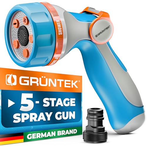 GRÜNTEK Ultraleichte Gartenschlauch-Sprühpistole mit 5 Strahlarten – Multi-Garten-Duschdüse mit ergonomischem Griff und komfortabler Daumensteuerung, EU Schnellanschluss-Adapter und US Gewinde von GRÜNTEK