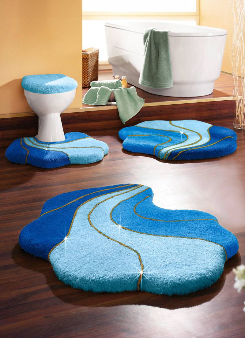 Barfußweiche Badgarnitur Gold-Glitzergarn, Größe 105 (Teppich, 80/100 cm), Blau von GRUND