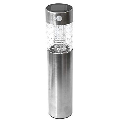 GRUNDIG Edelstahl LED Solarlampe mit Erdspieß, Bewegungssensor, Leuchtkörper aus Glas, Gartenleuchte mit Bewegungsmelder H39cm Solarleuchten Gartenlampe Wegbeleuchtung von GRUNDIG