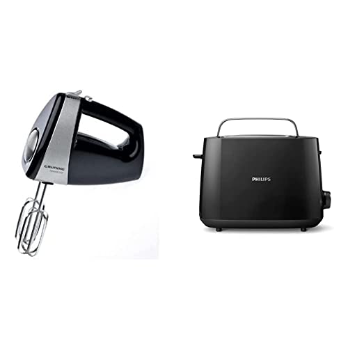 Grundig HM 5040 Premium-Handmixer (300 Watt), schwarz-silber & Philips Toaster – 2 Toastschlitze, 8 Stufen, Brötchenaufsatz, Auftaufunktion, Liftfunktion, Abschaltautomatik, schwarz (HD2581/90) von GRUNDIG