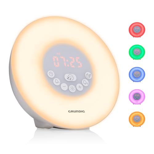 Grundig Lichtwecker mit FM-Radio - Tageslichtwecker mit 10 natürlichen Klängen - Wecker mit Farbwechsel-LED und Zonsopgangsimulation - Schlummer- und Timerfunktion, Weiß von GRUNDIG