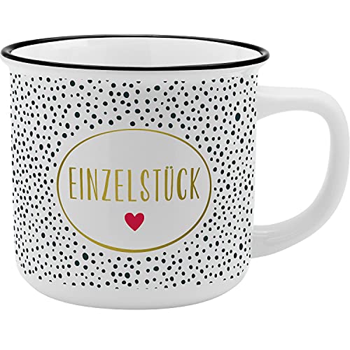 GRUSS & CO Becher Motiv "Einzelstück" | New Bone China Porzellan, Emaille-Optik, 35 cl | Geschenk, Sprüchetasse | 47515 von GRUSS & CO