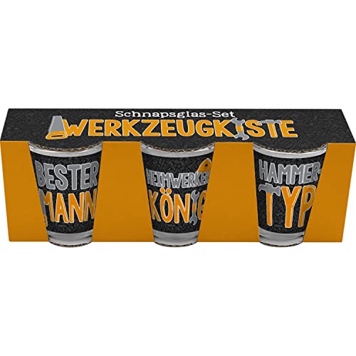 GRUSS & CO Schapsglas-Set "Werkzeugkiste" | 3 Schnapsgläser je 6 cl, farbig bedruckt, mit lustigem Spruch | Party, Männergeschenk | 47675 von GRUSS & CO