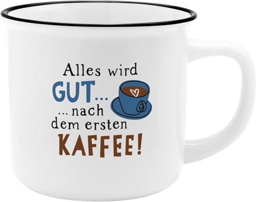 GRUSS & CO Becher Motiv "Alles wird gut" | New Bone China Porzellan, Emaille-Optik, 35 cl | Geschenk, Frühstück | 48502 von GRUSS & CO