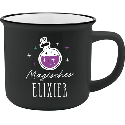 GRUSS & CO Becher mit Motiv "Elexier" | New Bone China Porzellan, Emaille-Optik, 35 cl | Lustiges Geschenk, Frühstück | 73913 von GRUSS & CO