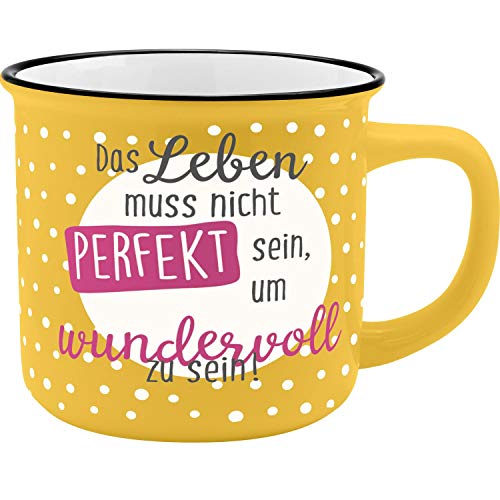 GRUSS & CO Becher Motiv "Leben" | New Bone China Porzellan, Emaille-Optik, 35 cl | Tasse mit Spruch | 45777, 1 Stück (1er Pack) von GRUSS & CO