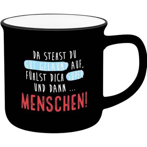 GRUSS & CO Becher mit Motiv Menschen | Lieblingsbecher aus New Bone China Porzellan, Emaille-Optik, schwarzer Trinkrand, 35 cl | Geschenk Freundschaft | 74666 von GRUSS & CO