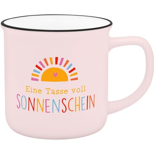 GRUSS & CO Becher mit Motiv Sonnenschein | Lieblingsbecher aus New Bone China Porzellan, Emaille-Optik, schwarzer Trinkrand, 35 cl | Geschenk Freundschaft | 74668 von GRUSS & CO