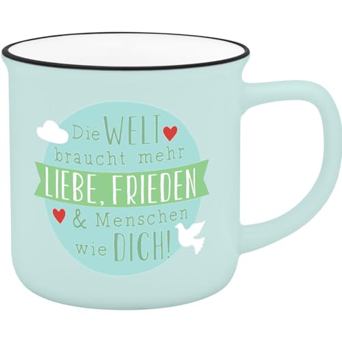 GRUSS & CO Becher mit Motiv Welt | Lieblingsbecher aus New Bone China Porzellan, Emaille-Optik, schwarzer Trinkrand, 35 cl | Geschenk Freundschaft | 74667 von GRUSS & CO