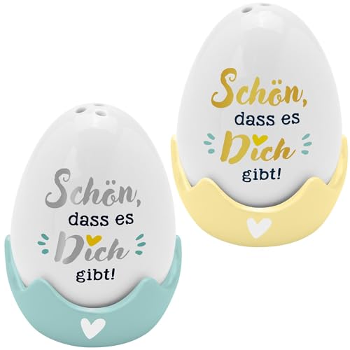 GRUSS & CO Eierbecher-Streuer-Set Motiv "Schön" | 4-teiliges Set, bestehend aus Salz- und Pfefferstreuer in Eierform und 2 passenden Eierbechern | Geschenk Ostern, Osternest, Osterdeko | 48583 von GRUSS & CO