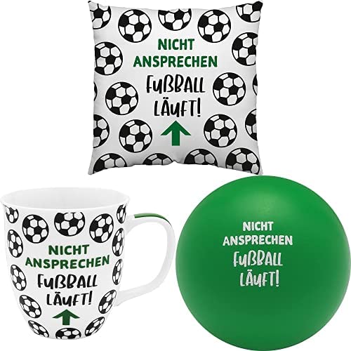 GRUSS & CO Geschenkset Fußball | Kissen mit Spruch + Tasse + Knautschball | Geschenk Fußball-Fan, Männergeschenk, für Ihn | 48222 + 48221 + 48226 von GRUSS & CO