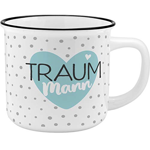 GRUSS & CO Becher Motiv "Traummann" | New Bone China Porzellan, Emaille-Optik, 35 cl | Geschenk für Ihn | 45769: Porzellan-Becher in nostalgischer Emaille-Optik von GRUSS & CO