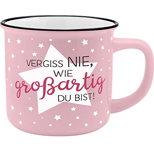 GRUSS & CO Becher Motiv "Großartig" | New Bone China Porzellan, Emaille-Optik, 35 cl | Geschenk, Tasse mit Spruch | 45774 von GRUSS & CO