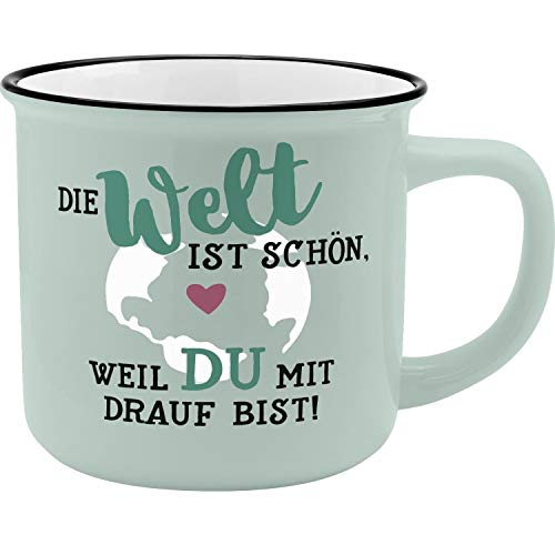 GRUSS & CO Becher Motiv "Welt" | New Bone China Porzellan, Emaille-Optik, 35 cl | Tasse mit Spruch | 45775, 1 Stück (1er Pack) von GRUSS & CO