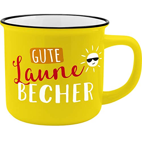 GRUSS & CO Becher Motiv "Gute Laune" | New Bone China Porzellan, Emaille-Optik, 35 cl | Tasse mit Spruch | 45786, 1 Stück (1er Pack) von GRUSS & CO