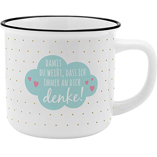 GRUSS & CO Becher Motiv "An Dich denke" | New Bone China Porzellan, Emaille-Optik, 35 cl | Geschenk Liebe | 46974 von GRUSS & CO